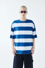 Dijital Baskılı Şeritli %100 Pamuk Oversize Tişört Saks