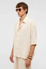 Oversize Çizgili Kısa Kollu Keten Gömlek Vizon