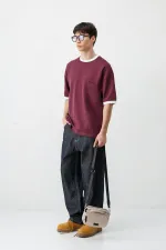 Kısa Kollu Oversize Cepli Tişört VİŞNE