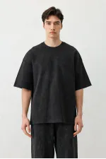 Kısa Kollu Yıkamalı Oversize Tişört Siyah