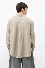 Modal Kumaş Cepli Oversize Gömlek Bej