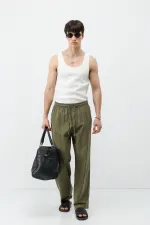 Pantalon ample en lin kaki avec taille élastique
