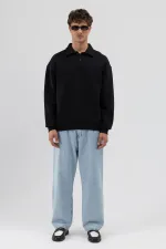 Basic Polo Yaka Sweatshirt Siyah