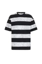 Yıkamalı Şeritli Oversize Tişört Siyah - Beyaz