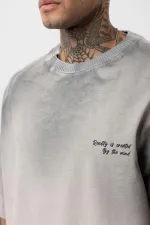 Yıkamalı Yazı Detaylı Oversize Tişört Gri