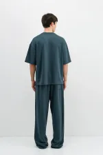 Fitilli Dokulu Oversize Tişört Petrol