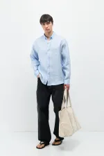 100% Linen Oversize Long-Sleeve Shirt, Baby Blue