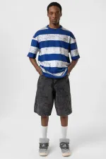 Yıkamalı Şeritli Oversize Tişört Mavi - Beyaz