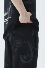 Oversize Desenli Şort Tişört Takım Siyah