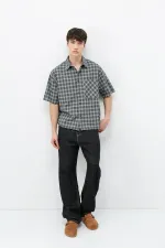 Checked Short-Sleeved Oversize Shirt, Khaki