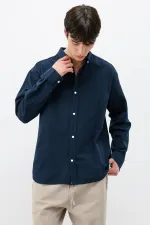 Basic Oversize Pamuk  Keten Gömlek Lacivert