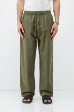 Pantalon ample en lin kaki avec taille élastique