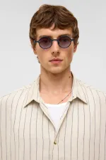 Oversize Çizgili Kısa Kollu Keten Gömlek İndigo