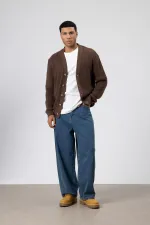 V Yaka Düğmeli Örgü Hırka Kazak Vizon