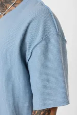 Arka Yazı Baskılı Oversize Triko Tişört Mavi