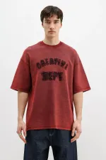 Yıkamalı Yazı Baskılı Oversize Tişört Bordo