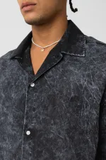 Yıkamalı Yazı Baskılı Oversize Kısa Kol Gömlek Siyah