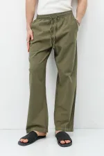 Pantalon ample en lin kaki avec taille élastique