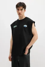 Oversize Baskılı Kolsuz Tişört Siyah