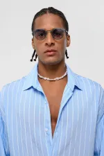 Oversize Çizgili Uzun Kol Gömlek Mavi