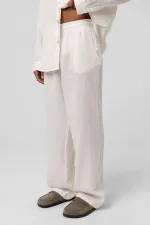 Baggy Fit Müslin Keten Pantolon Ekru