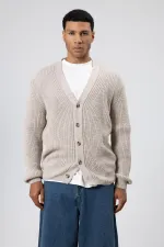 V Yaka Düğmeli Örgü Hırka Kazak Koyu Taş