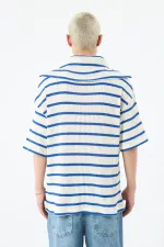 Oversize Çizgili Fermuarlı Yaka Triko Tişört Saks