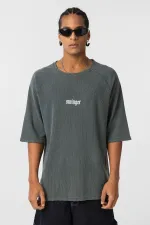 Yıkamalı Oversize Baskılı Triko Tişört Yeşil