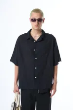 Dikişsiz Kısa Kol Cepsiz Oversize Keten Gömlek Siyah