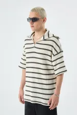 Oversize Çizgili Fermuarlı Yaka Triko Tişört Haki
