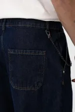 Pileli Zincir Detaylı Baggy Jean Koyu Mavi