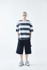 Digitally Printed Striped 100% Cotton Oversize T-Shirt, Dark Gray