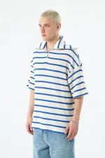 Oversize Çizgili Fermuarlı Yaka Triko Tişört Saks