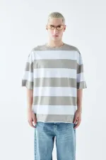 Digitally Printed Striped 100% Cotton Oversize T-Shirt, Khaki