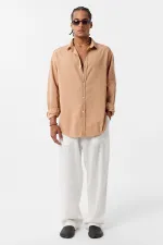 Basic Oversize Pamuk Keten Gömlek Camel Basic Oversize Pamuk Keten Gömlek Camel
