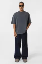 Yıkamalı Oversize Arka Baskılı Tişört Siyah