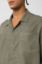 Double Pocket Oversize Linen Shirt Khaki