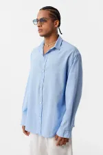 Basic Oversize Long-Sleeve Linen Shirt, Blue