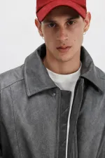 Oversize Deri Bomber Ceket Gri