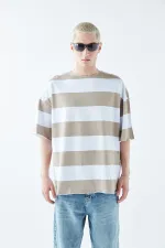 Dijital Baskılı Şeritli %100 Pamuk Oversize Tişört Vizon