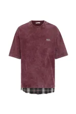 Yıkamalı Oversize Ekose Detaylı Tişört Bordo