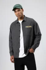 Oversize Baskılı Günlük Kareli Gömlek Füme