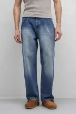 Pleated Baggy Jeans with Chain Detail, Blue