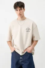 Kısa Kollu Boxy Fit Baskılı Tişört Taş