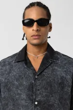 Yıkamalı Yazı Baskılı Oversize Kısa Kol Gömlek Siyah