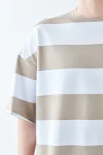 Dijital Baskılı Şeritli %100 Pamuk Oversize Tişört Vizon