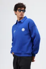 Polo Yaka Oversize Baskılı Yıkamalı Sweatshirt Saks