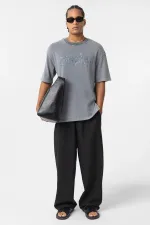 Yıkamalı Oversize Baskılı Tişört Gri