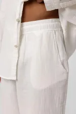 Baggy Fit Müslin Keten Pantolon Ekru