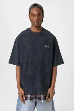 Yıkamalı Oversize Ekose Detaylı Tişört Siyah